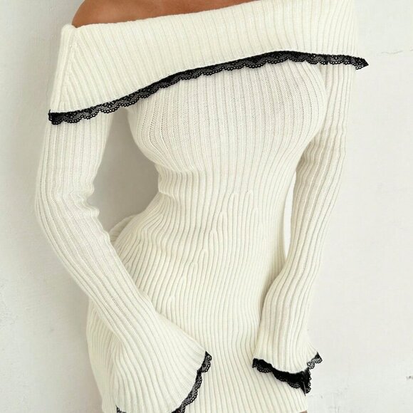 White Elegant Women's Sexy Lace Patchwork Off Shoulder A-Line Mini Dress - Picture 6 of 7